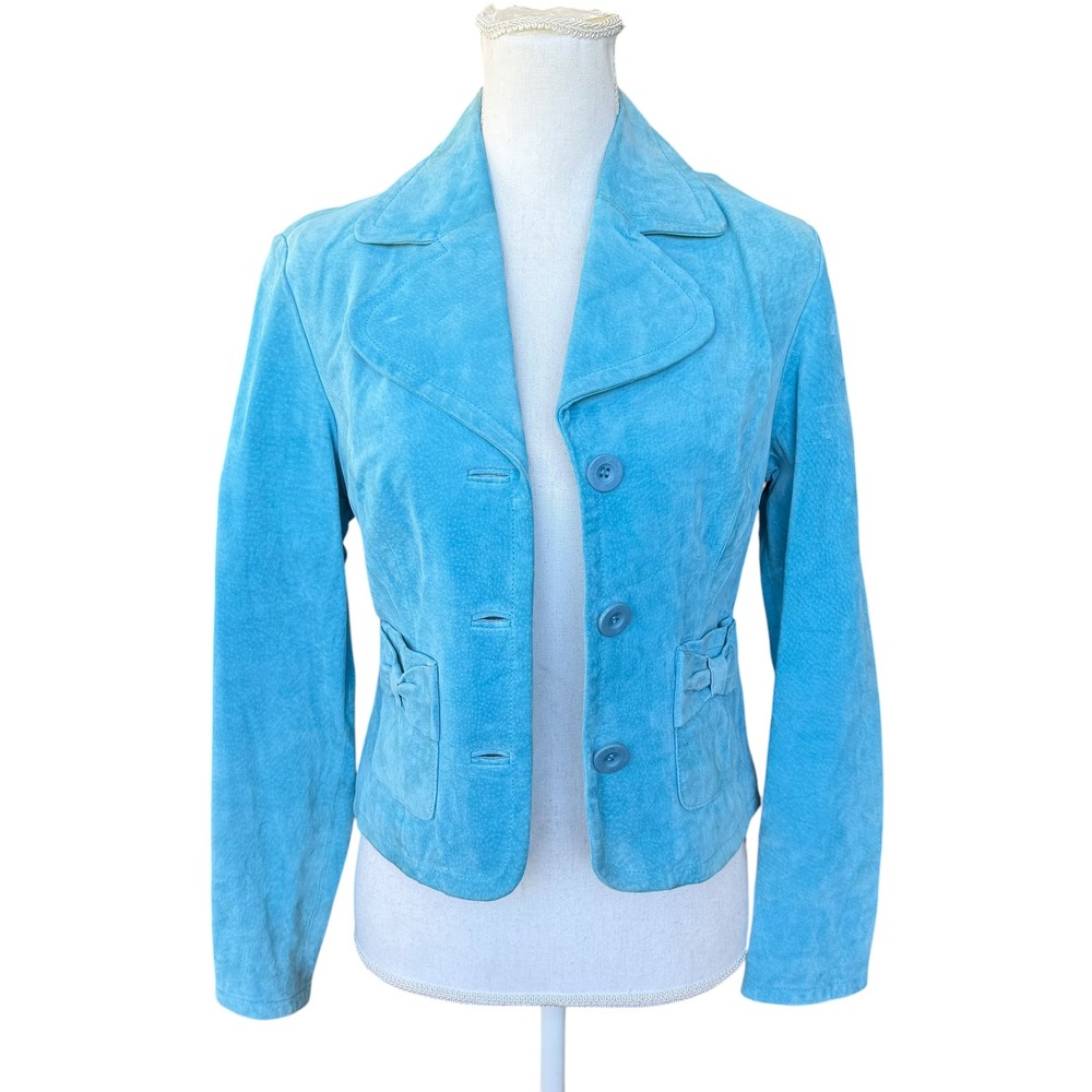 Live a Little Turquoise Blue Suede Leather Bow Pocket Jacket‎ PP